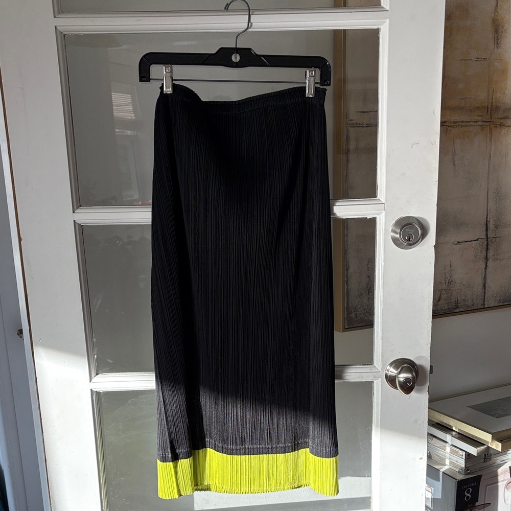 Black Pleats Please Pleated Midi Skirt with lime green Hem